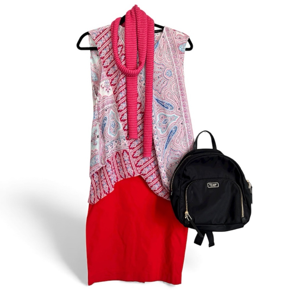 “Duo Set” Red Pencil Skirt plus a Black Kate Spade Backpack